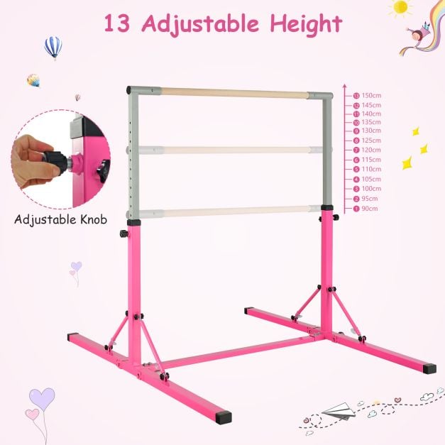 Foldable Gymnastics Bar for Kids Wobble Free Home Gym Equipment 136 x 172 x (90-150) cm Pink