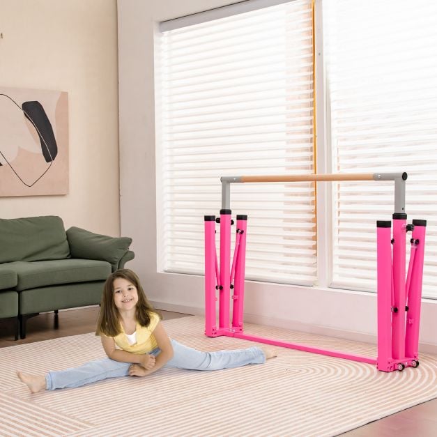 Foldable Gymnastics Bar for Kids Wobble Free Home Gym Equipment 136 x 172 x (90-150) cm Pink