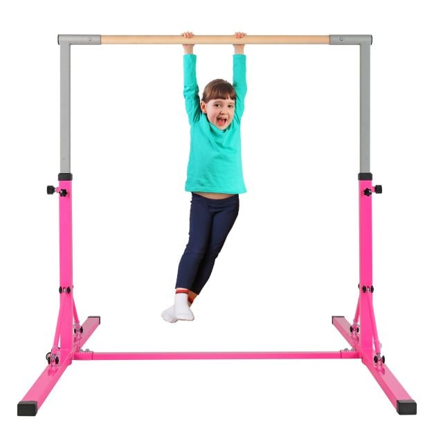 Foldable Gymnastics Bar for Kids Wobble Free Home Gym Equipment 136 x 172 x (90-150) cm Pink