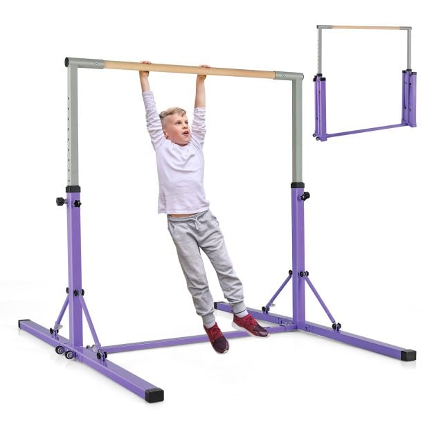 Kids Foldable Gymnastics Bar with 13 Adjustable Height-Purple