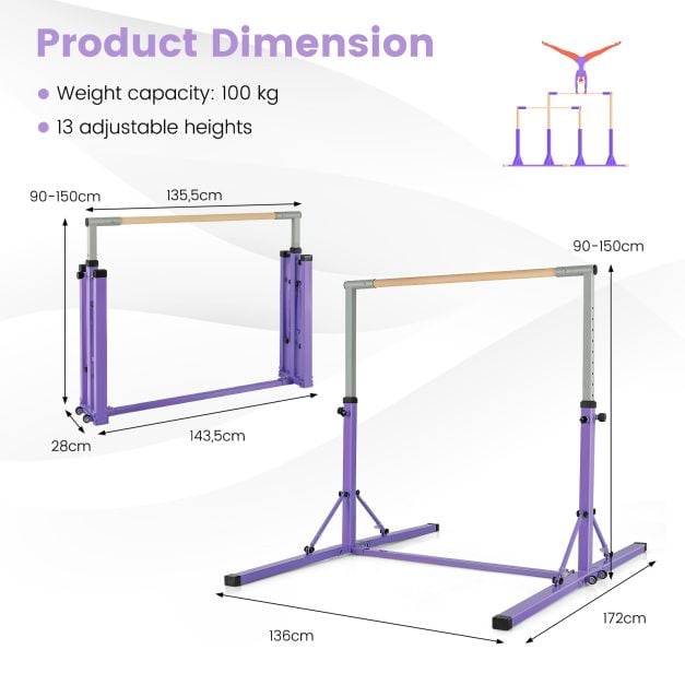 Kids Foldable Gymnastics Bar with 13 Adjustable Height-Purple