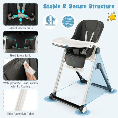 Foldable High Chair with Recline Backrest and Adjustable Height-Dark Grey
