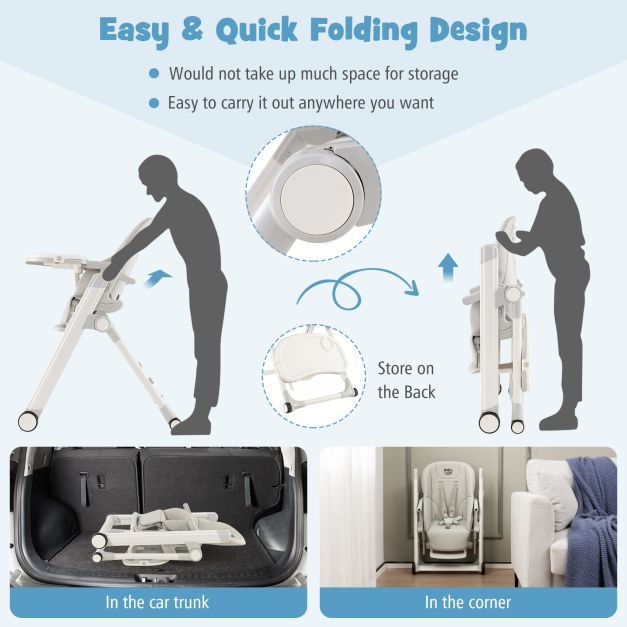 Foldable High Chair with Recline Backrest and Adjustable Height-Light Grey