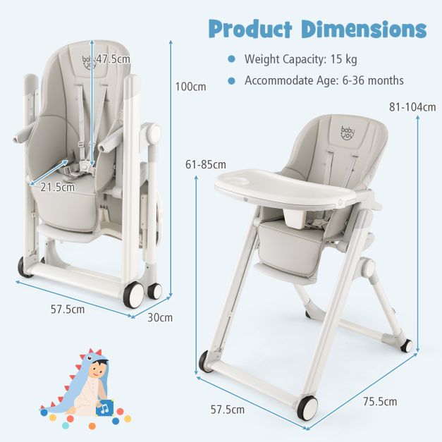 Foldable High Chair with Recline Backrest and Adjustable Height-Light Grey