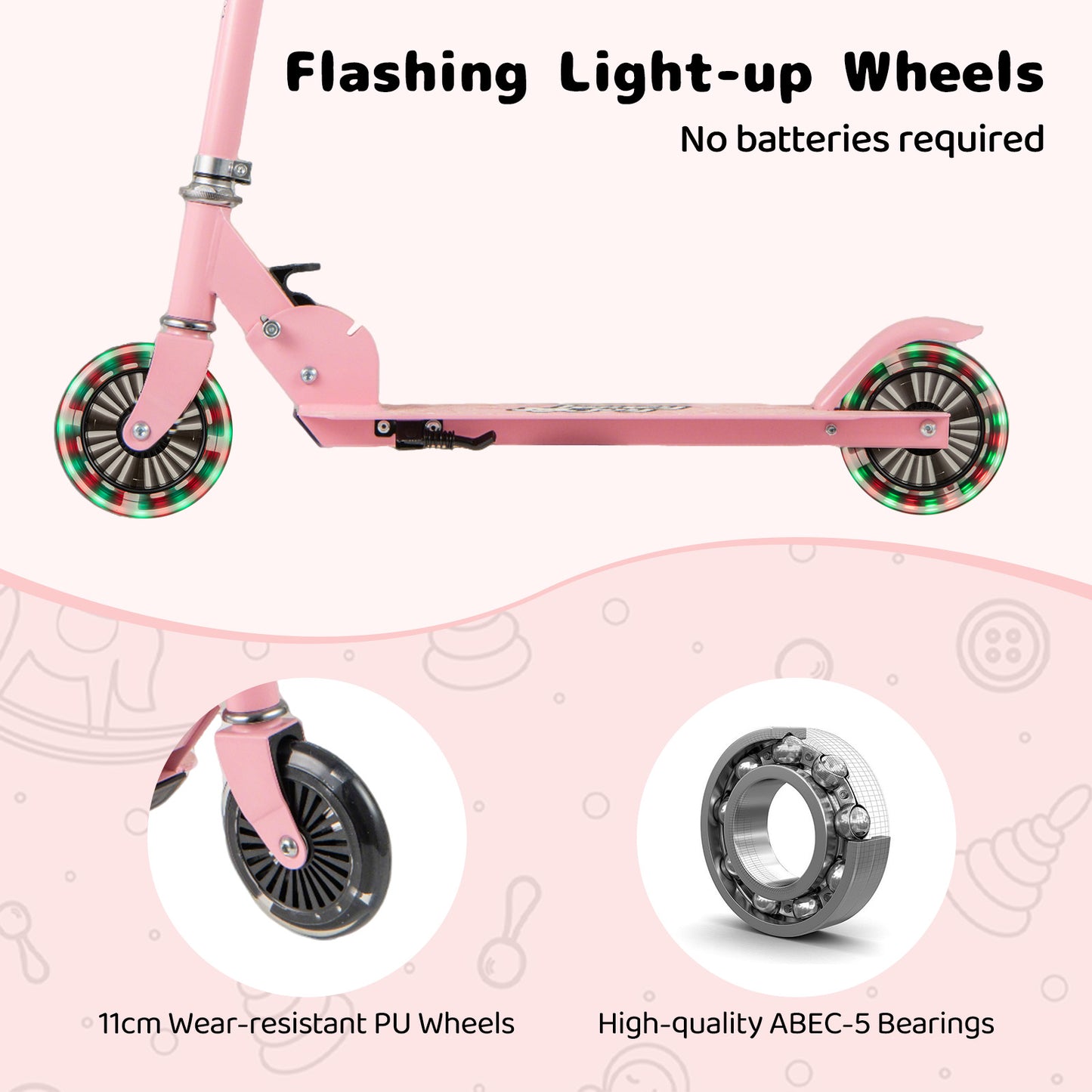 Foldable Kids Scooter Adjustable with Lighted Wheels and Kickstand-Pink