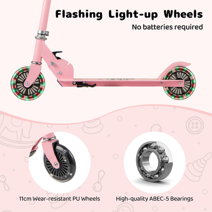 Foldable Kids Scooter Adjustable with Lighted Wheels and Kickstand-Pink