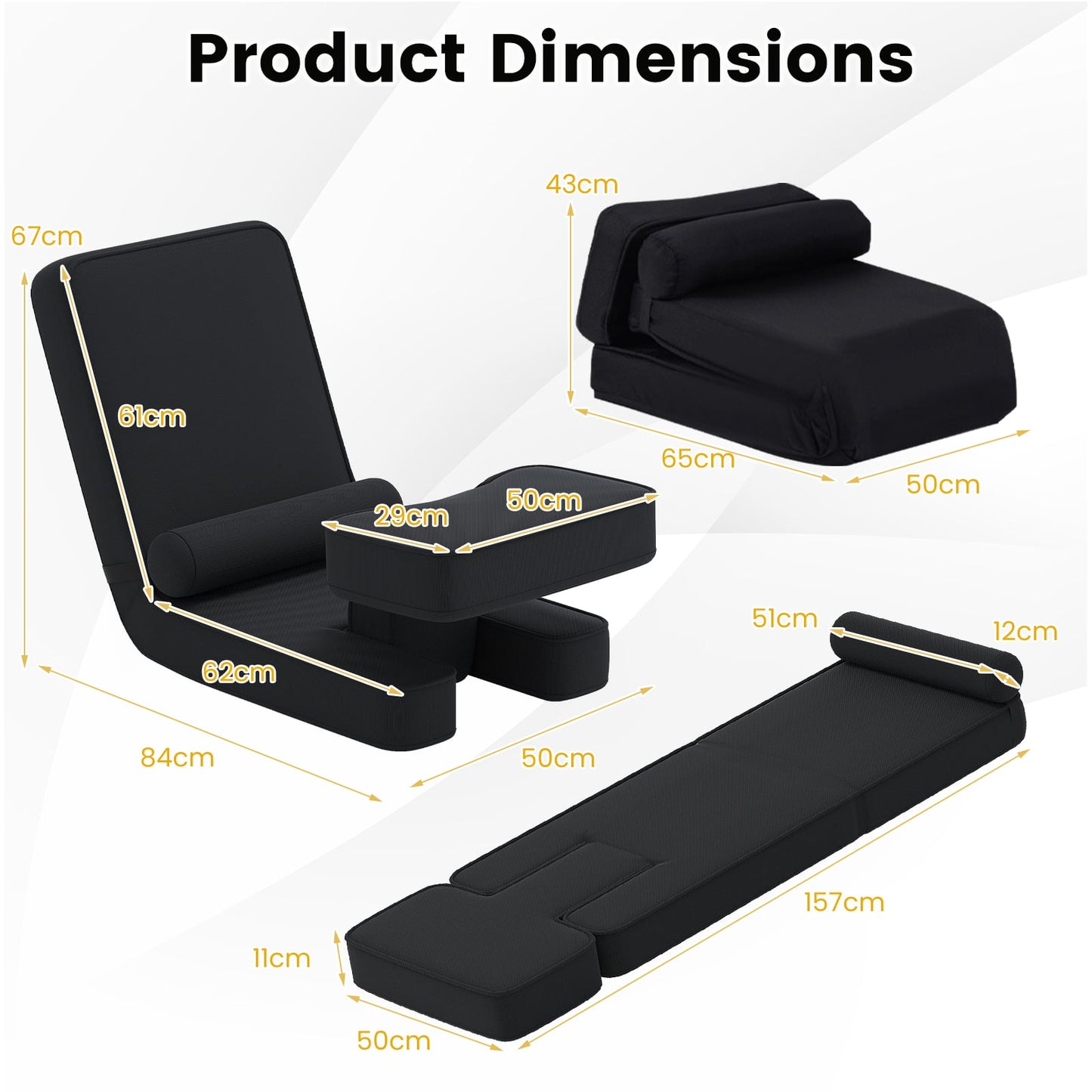 Foldable Lazy Sofa 5-Level Adjustable with Footrest and Tabletop-Black
