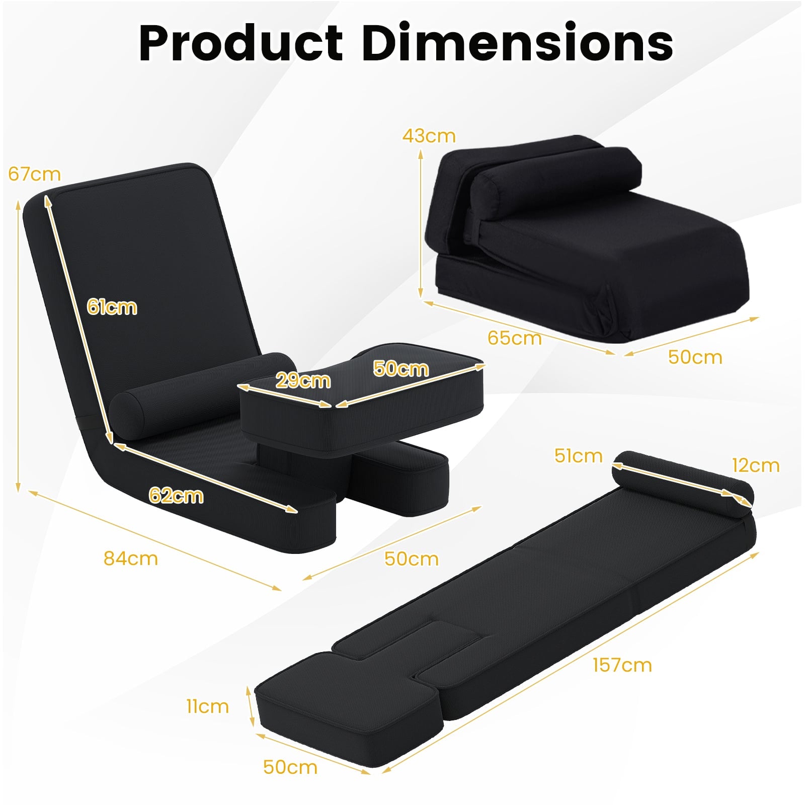 Foldable Lazy Sofa 5-Level Adjustable with Footrest and Tabletop-Black