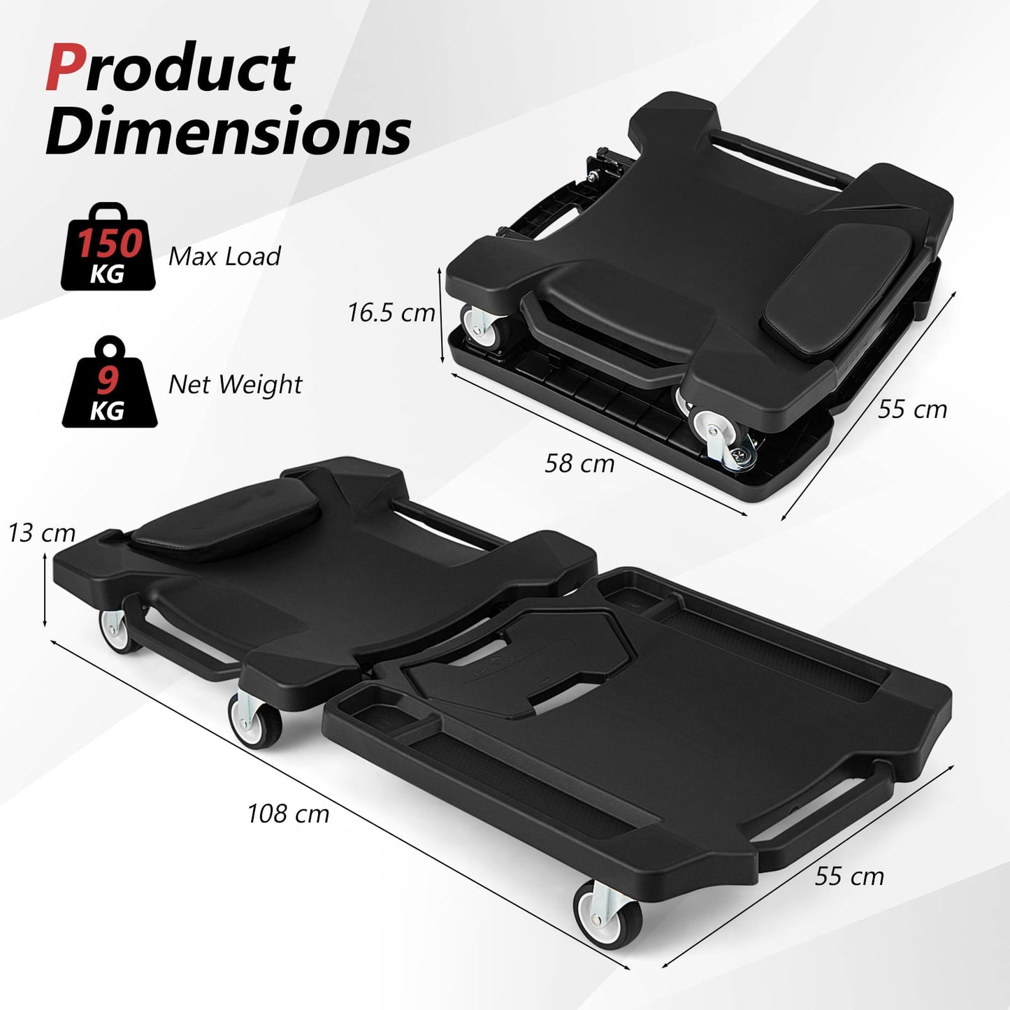 43 Inches Foldable Mechanic Creeper with Padded Headrest and Tool Trays-Black