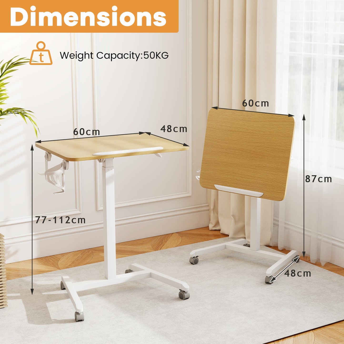 Foldable Mobile Standing Desk Portable Computer Workstation with Hook and Cup Holder-Natural