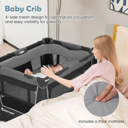 5-in-1 Foldable Pack and Play with Removable Bassinet-Grey