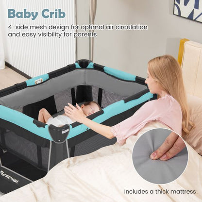 5-in-1 Foldable Pack and Play with Removable Bassinet-Green