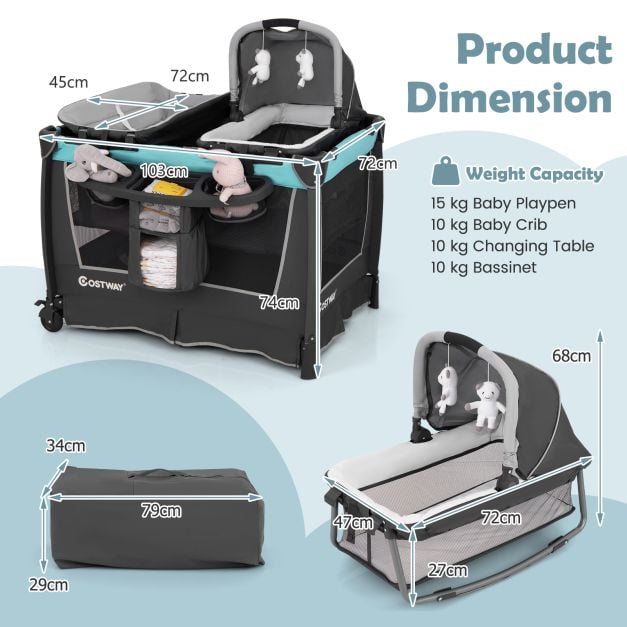 5-in-1 Foldable Pack and Play with Removable Bassinet-Green