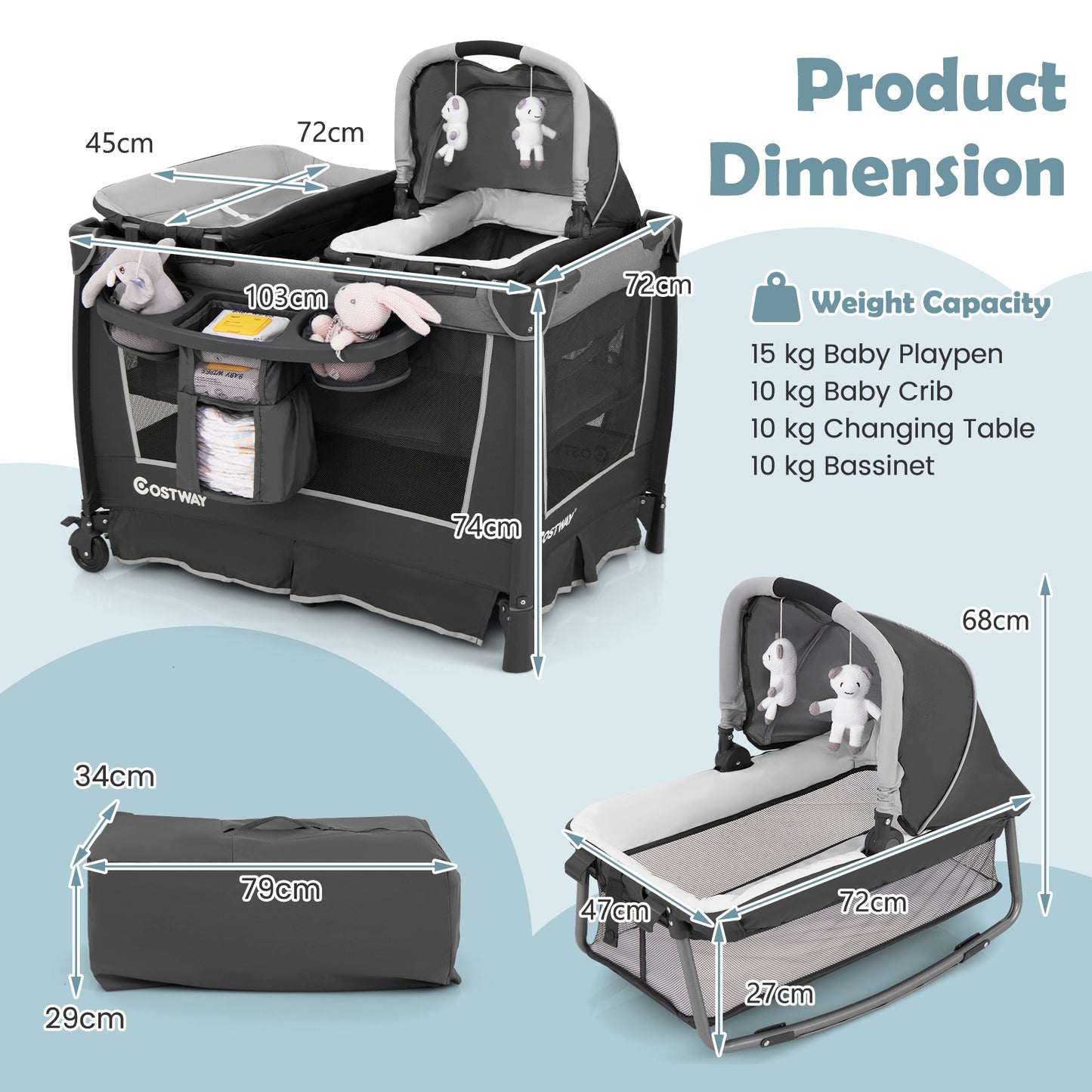 5-in-1 Foldable Pack and Play with Removable Bassinet-Grey