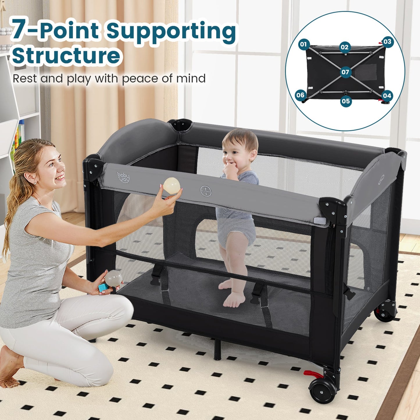 Foldable Pack and Play with 5 Adjustable Heights and Changing Table-Dark Black