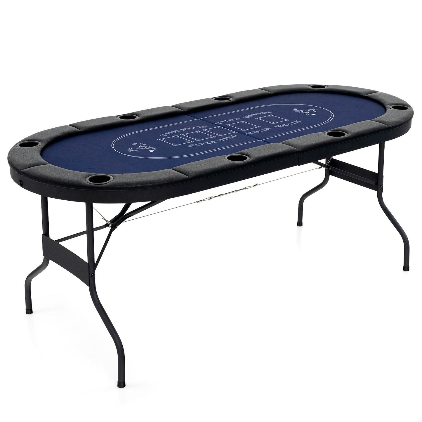 Foldable Poker Table for 8 Players Portable Oval Card Board with Cup Holders-Blue