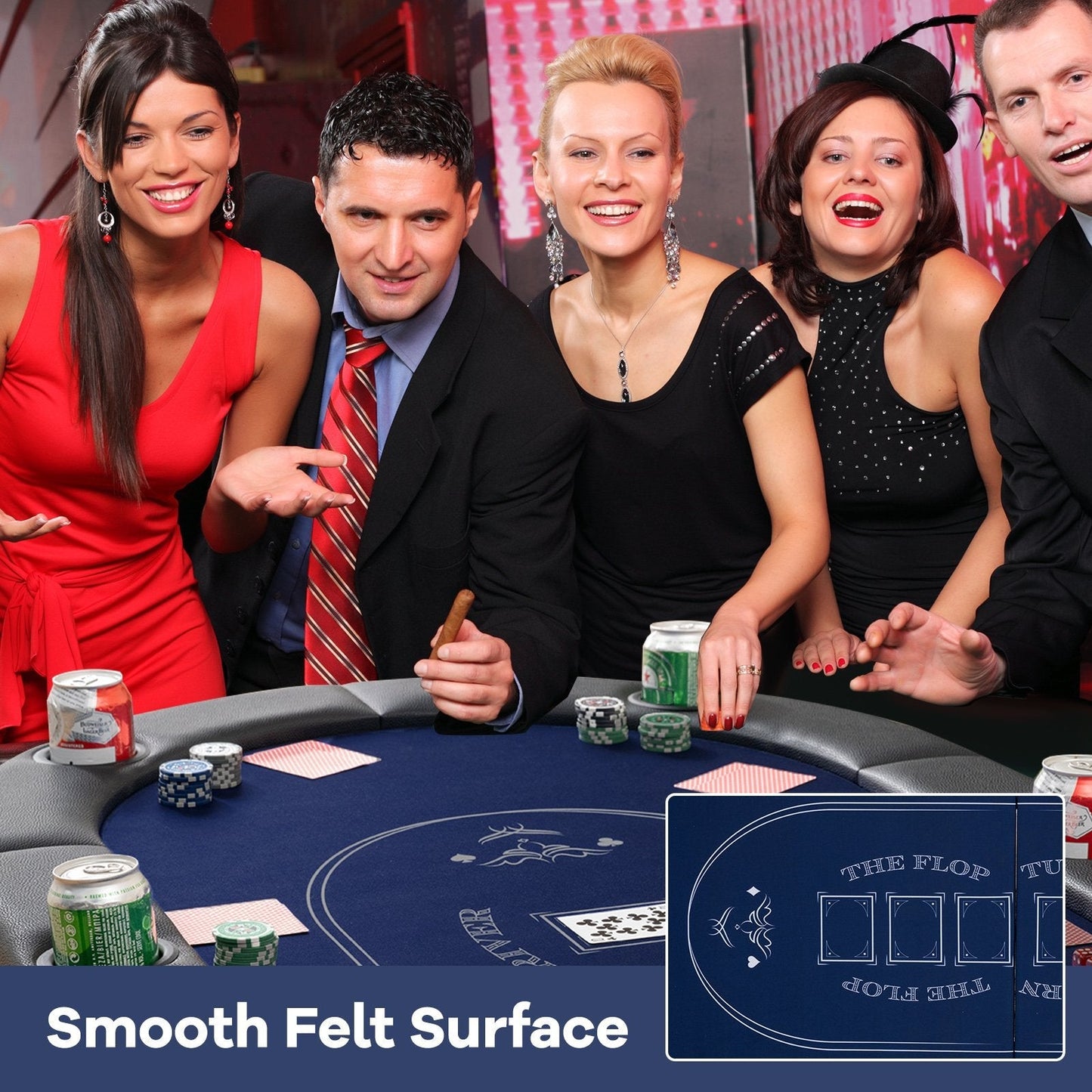 Foldable Poker Table for 8 Players Portable Oval Card Board with Cup Holders-Blue