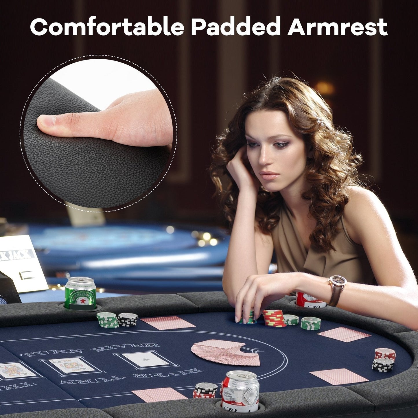 Foldable Poker Table for 8 Players Portable Oval Card Board with Cup Holders-Blue