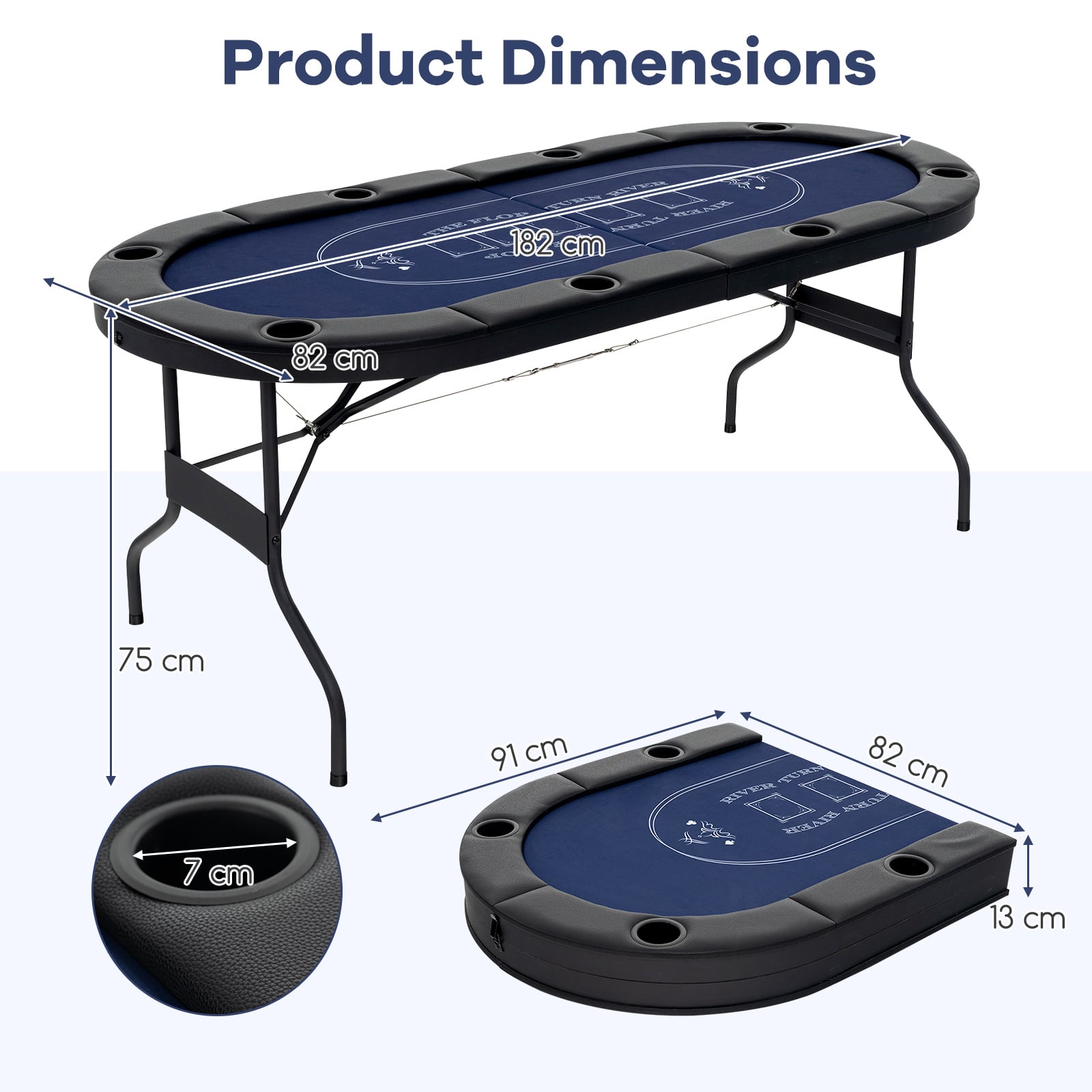 Foldable Poker Table for 8 Players Portable Oval Card Board with Cup Holders-Blue