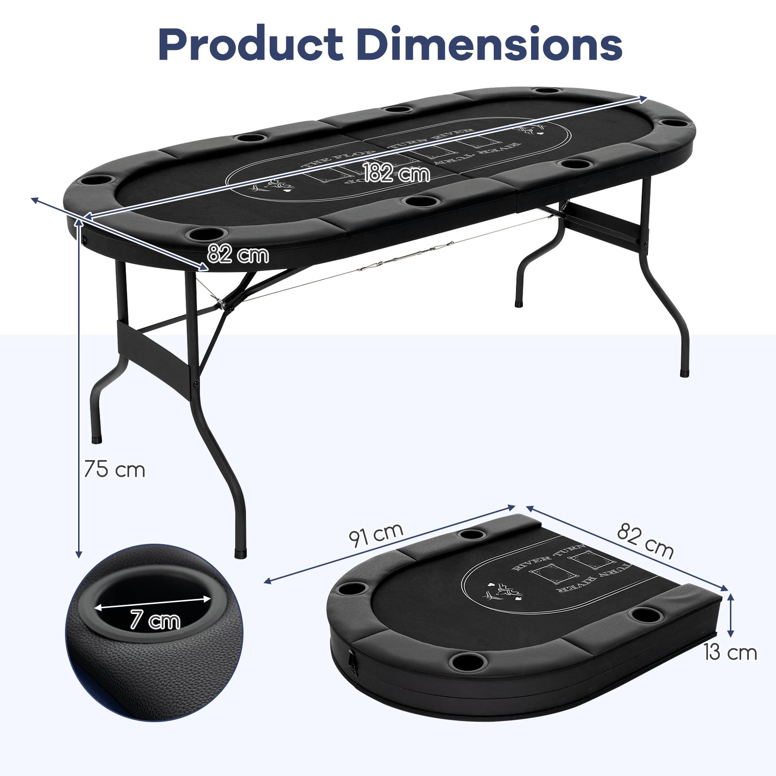 Foldable Poker Table for 8 Players Portable Oval Card Board with Cup Holders-Black