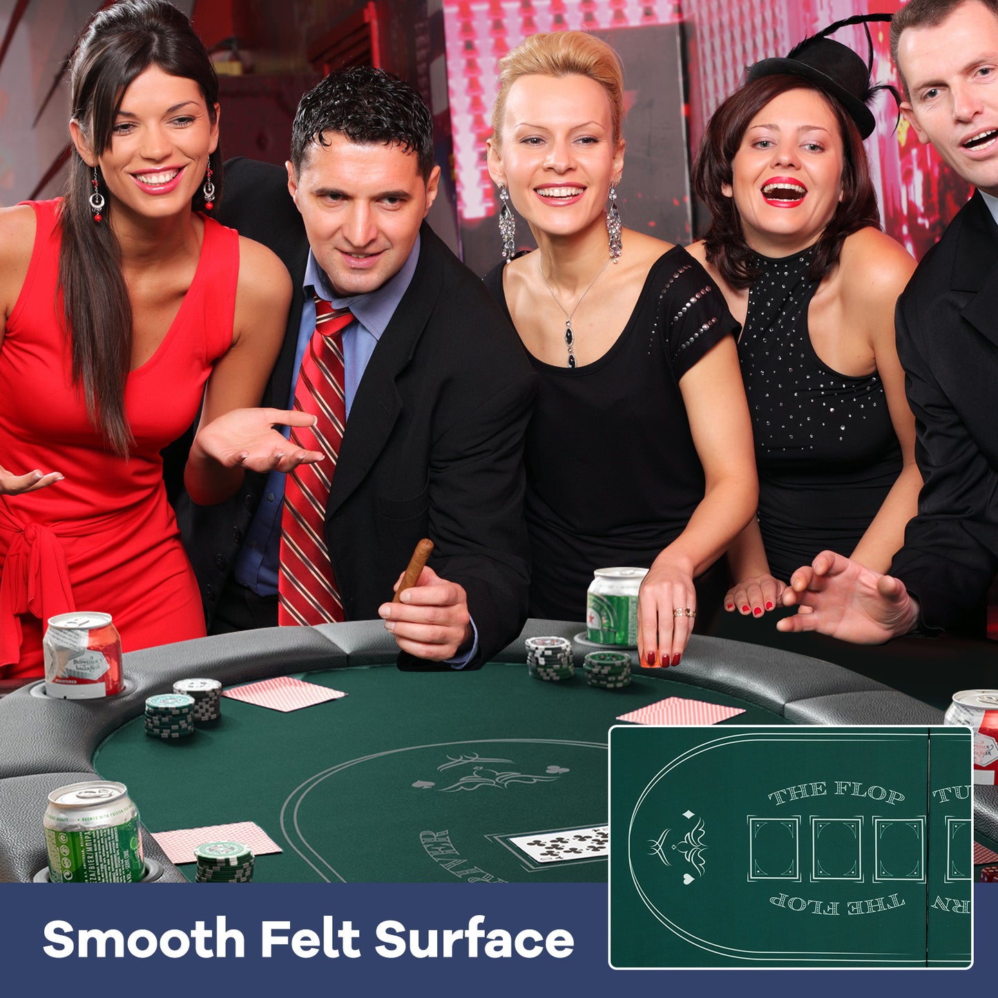 Foldable Poker Table for 8 Players Portable Oval Card Board with Cup Holders-Green