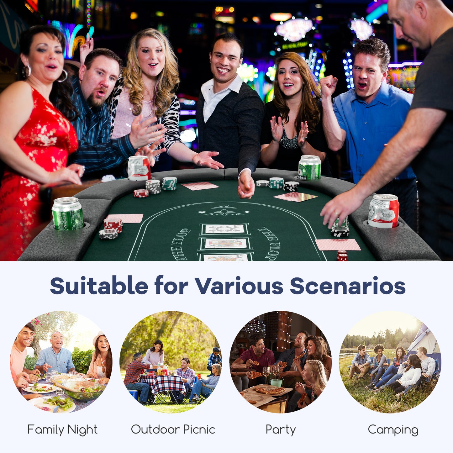 Foldable Poker Table for 8 Players Portable Oval Card Board with Cup Holders-Green