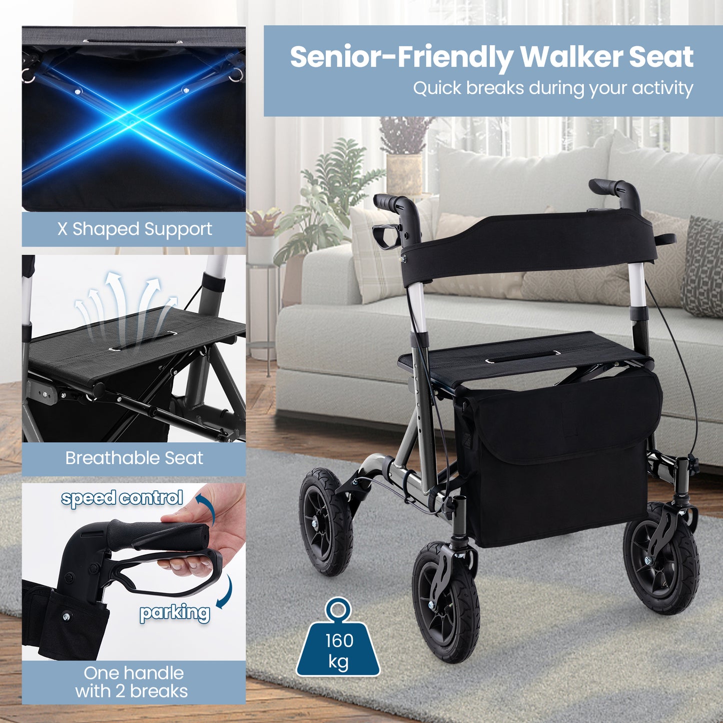 Foldable Rolling Walker with Seat-Black