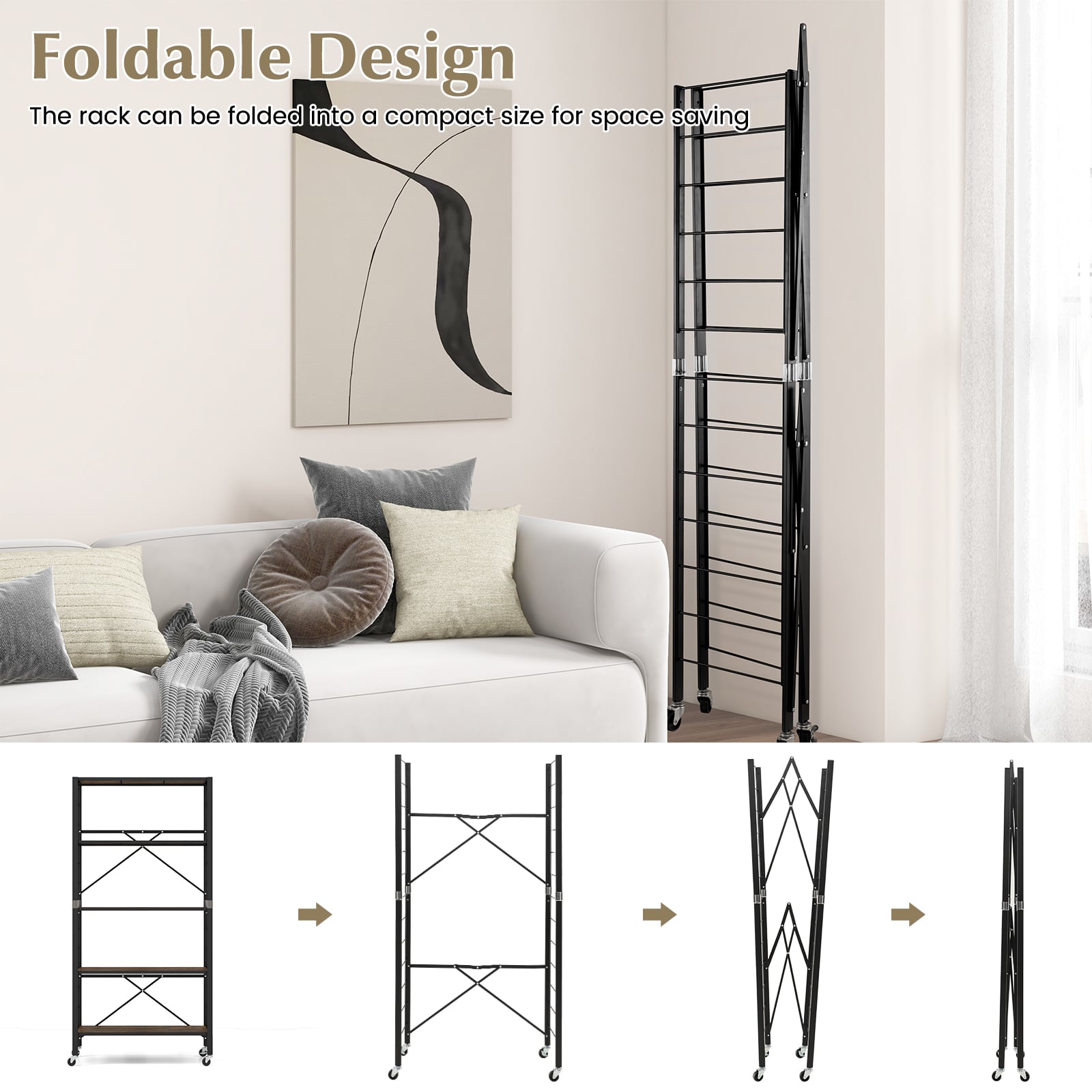 5-Tier Foldable Shelving Unit Metal Shelves with Detachable Wheels-Black