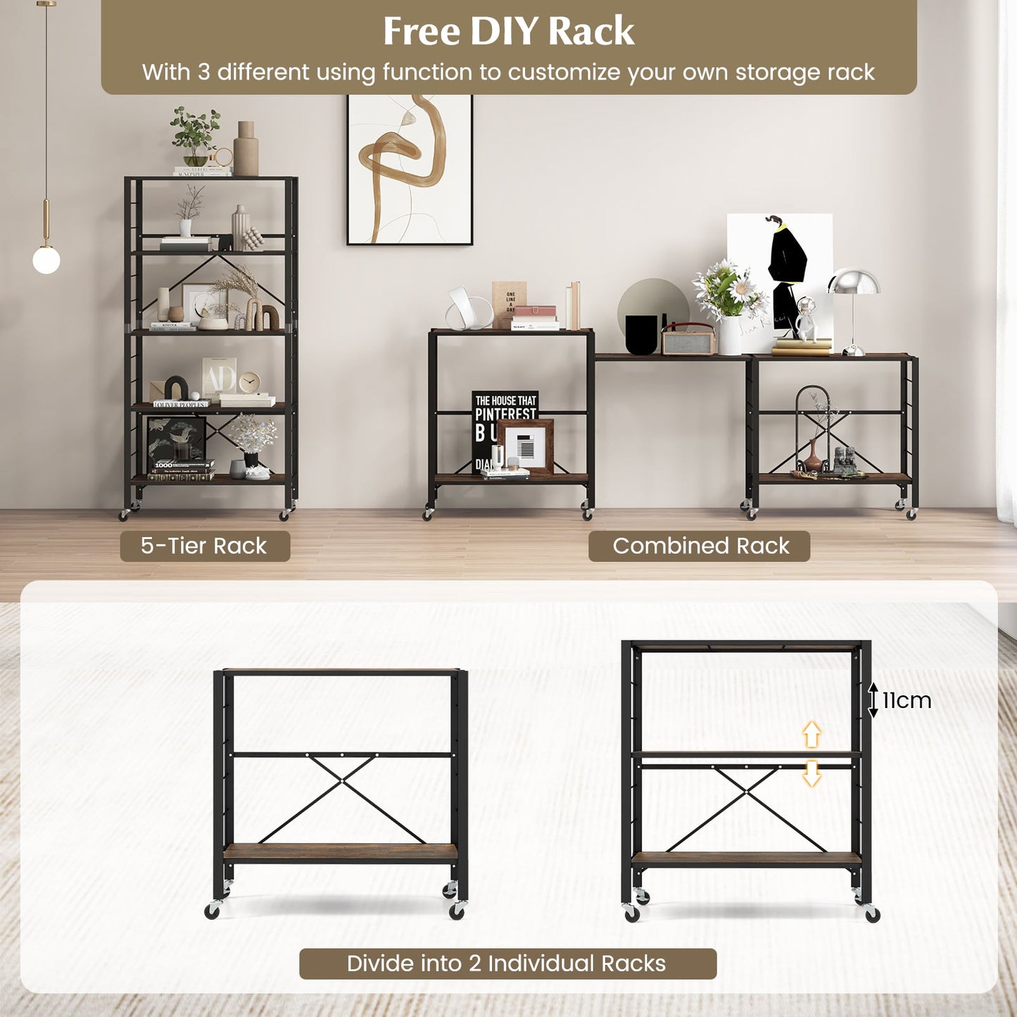 5-Tier Foldable Shelving Unit Metal Shelves with Detachable Wheels-Black