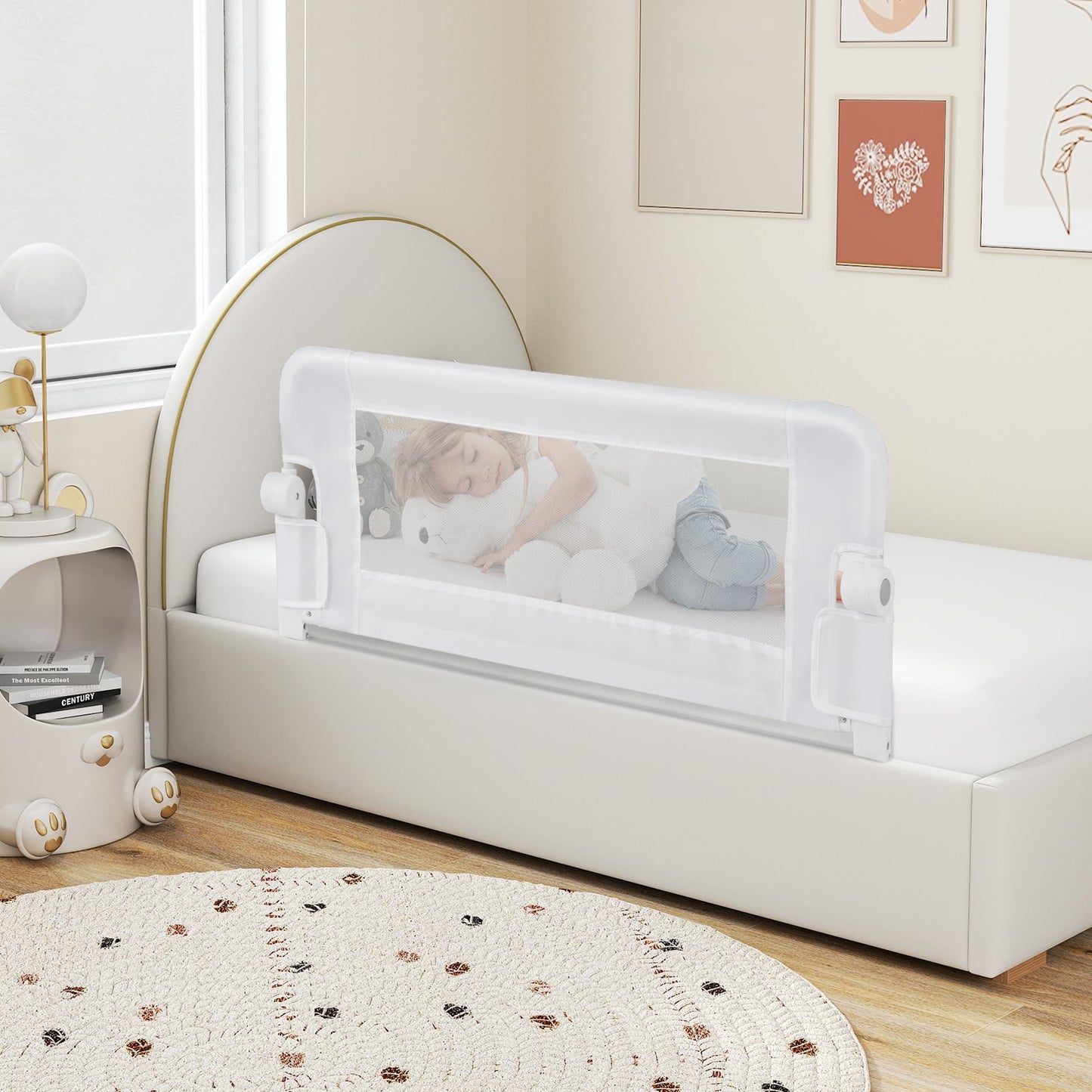 Foldable Toddler Bed Rail with Removable Oxford Cover-White