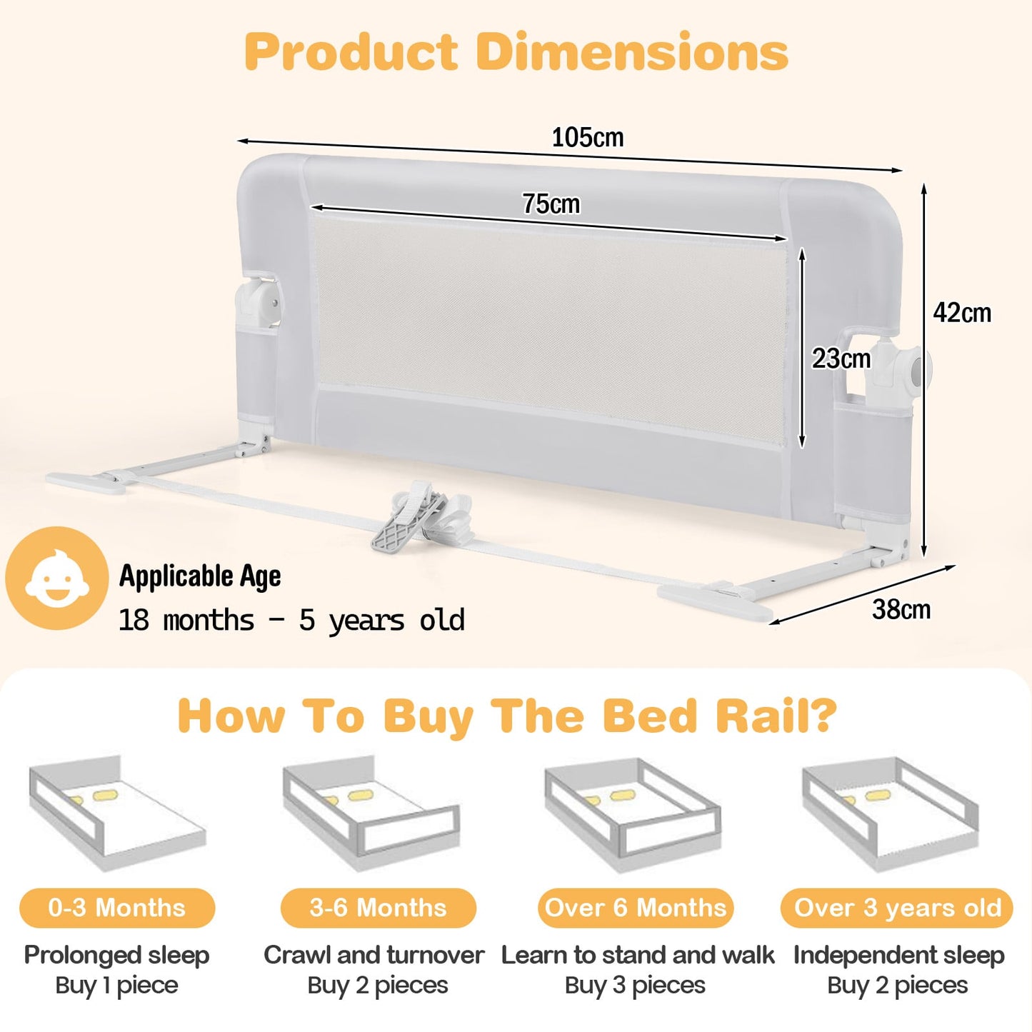 Foldable Toddler Bed Rail with Removable Oxford Cover-White