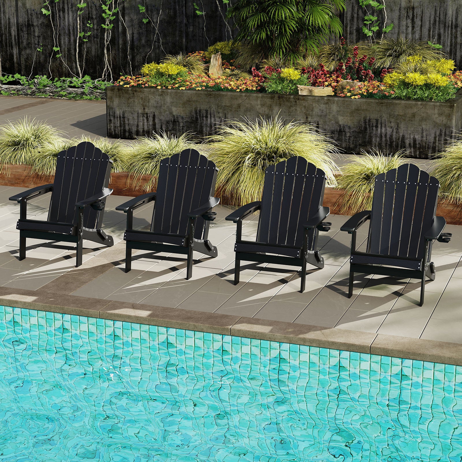 Folding Adirondack Chair Weather Resistant HDPE with High Backrest-Black
