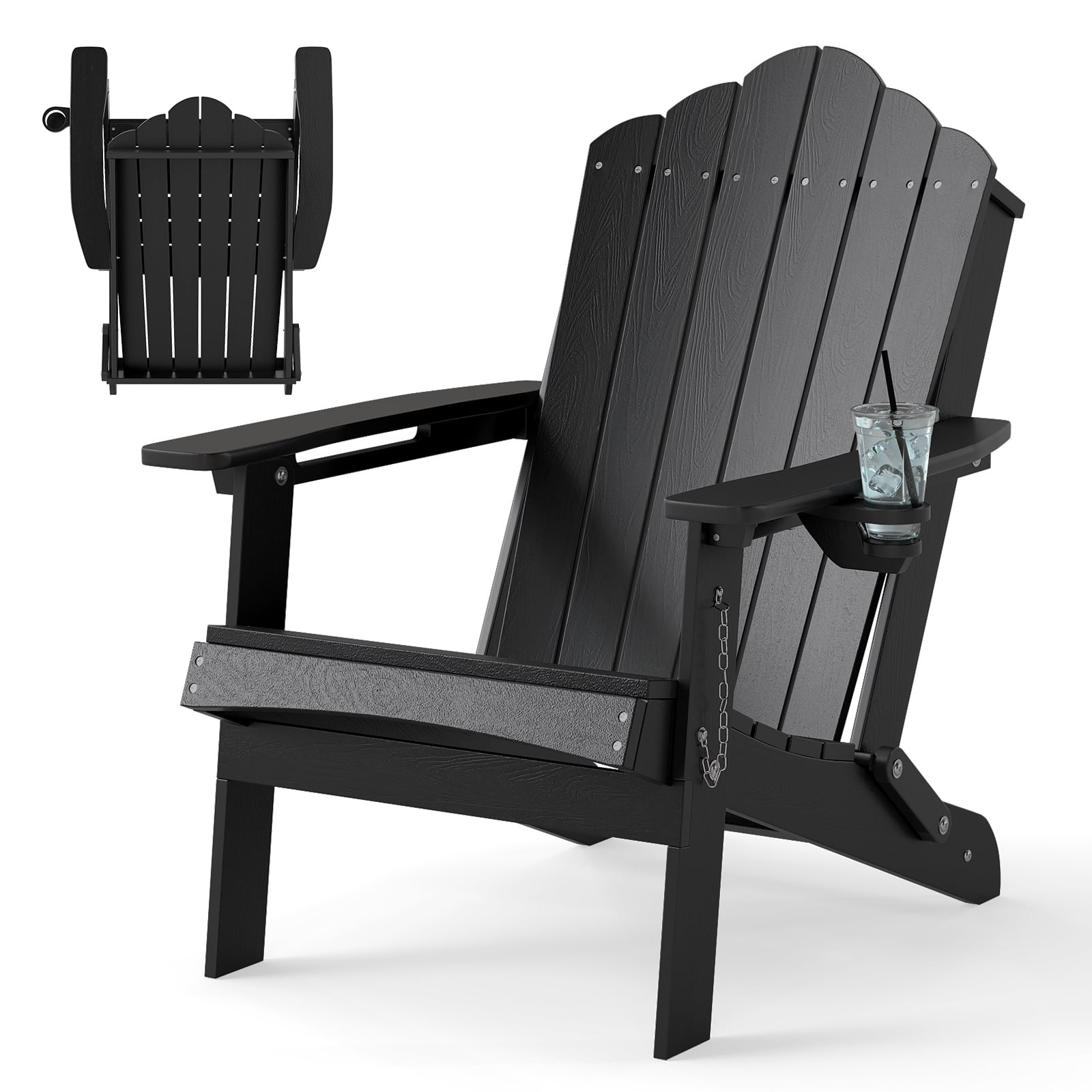Folding Adirondack Chair Weather Resistant HDPE with High Backrest-Black
