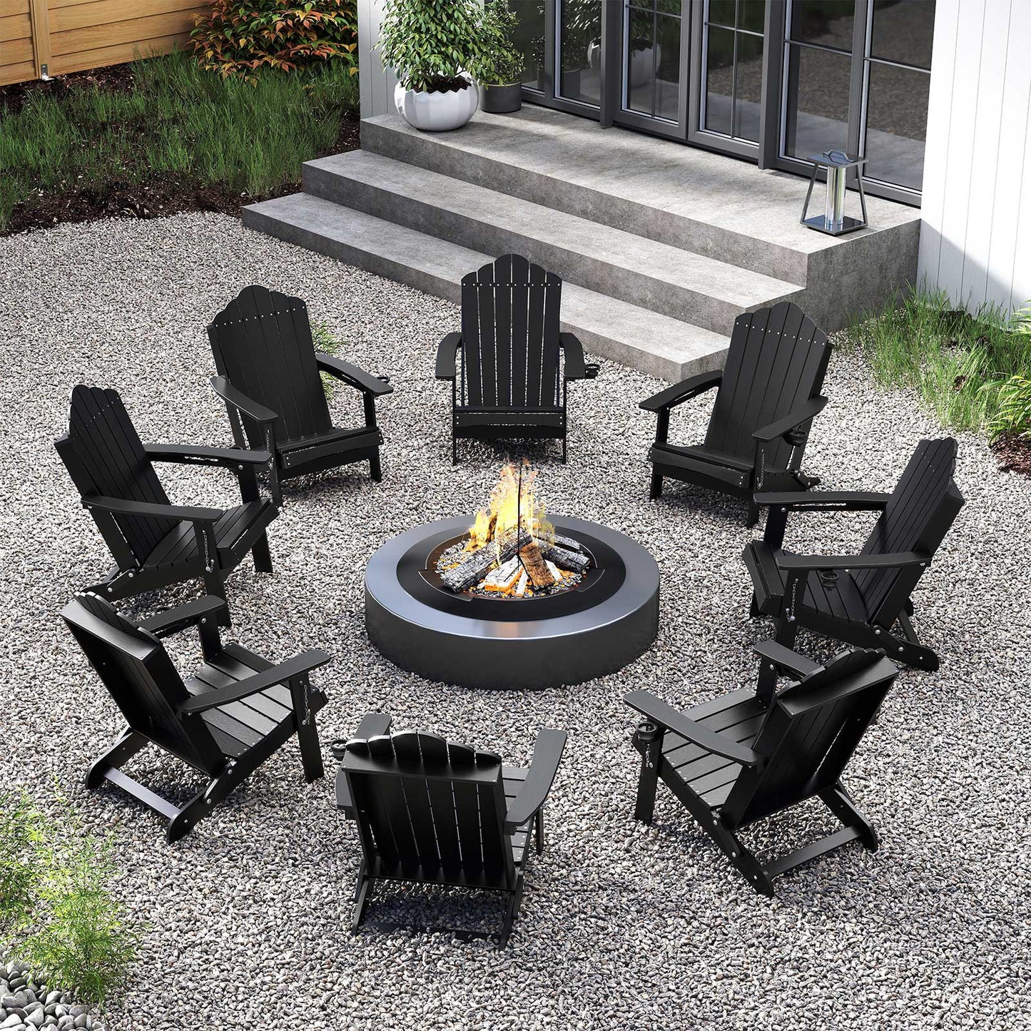 Folding Adirondack Chair Weather Resistant HDPE with High Backrest-Black