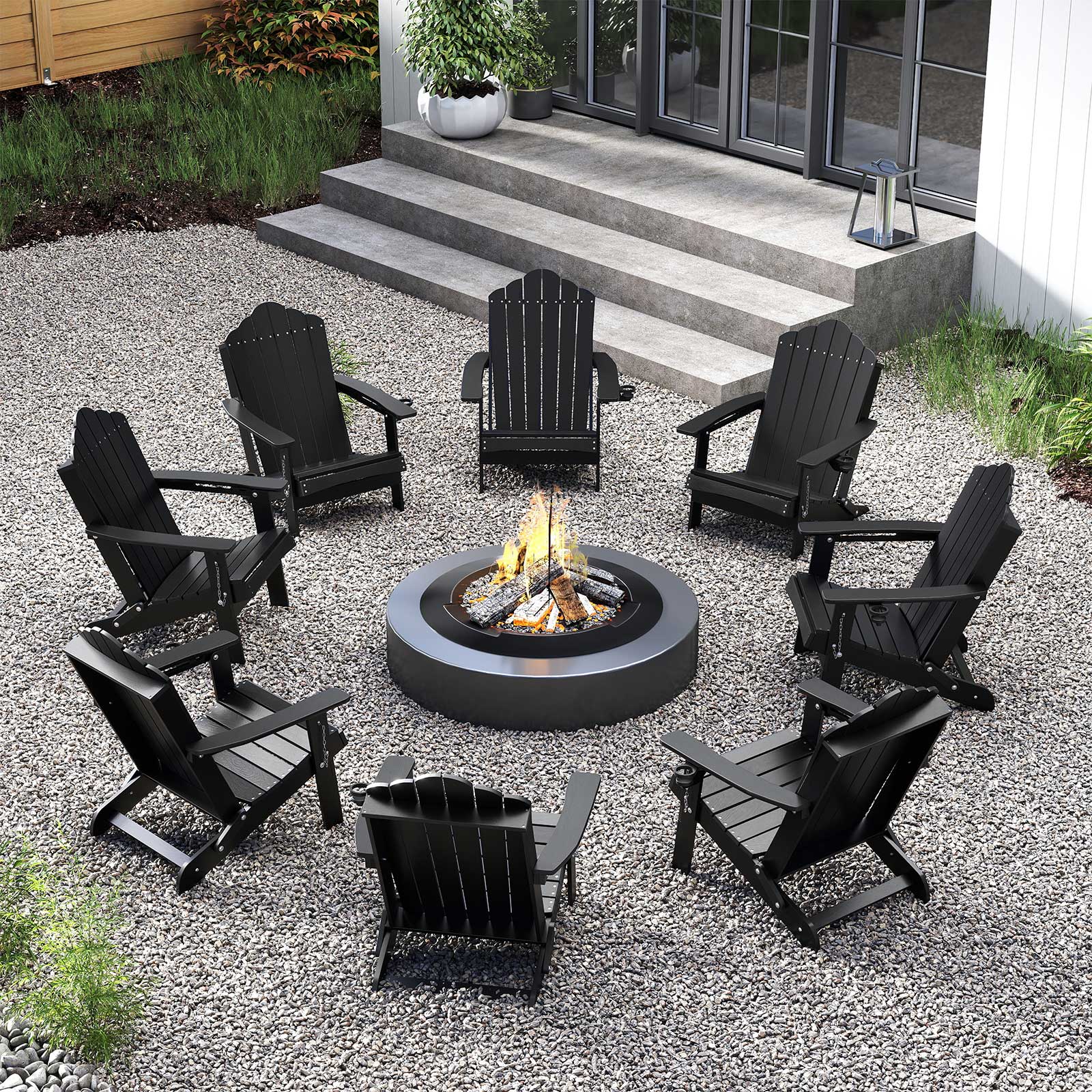 Folding Adirondack Chair Weather Resistant HDPE with High Backrest-Black