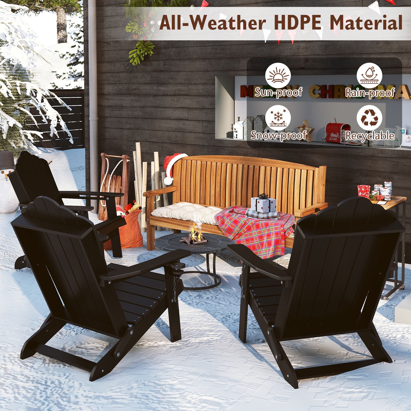 Folding Adirondack Chair Weather Resistant HDPE with High Backrest-Black