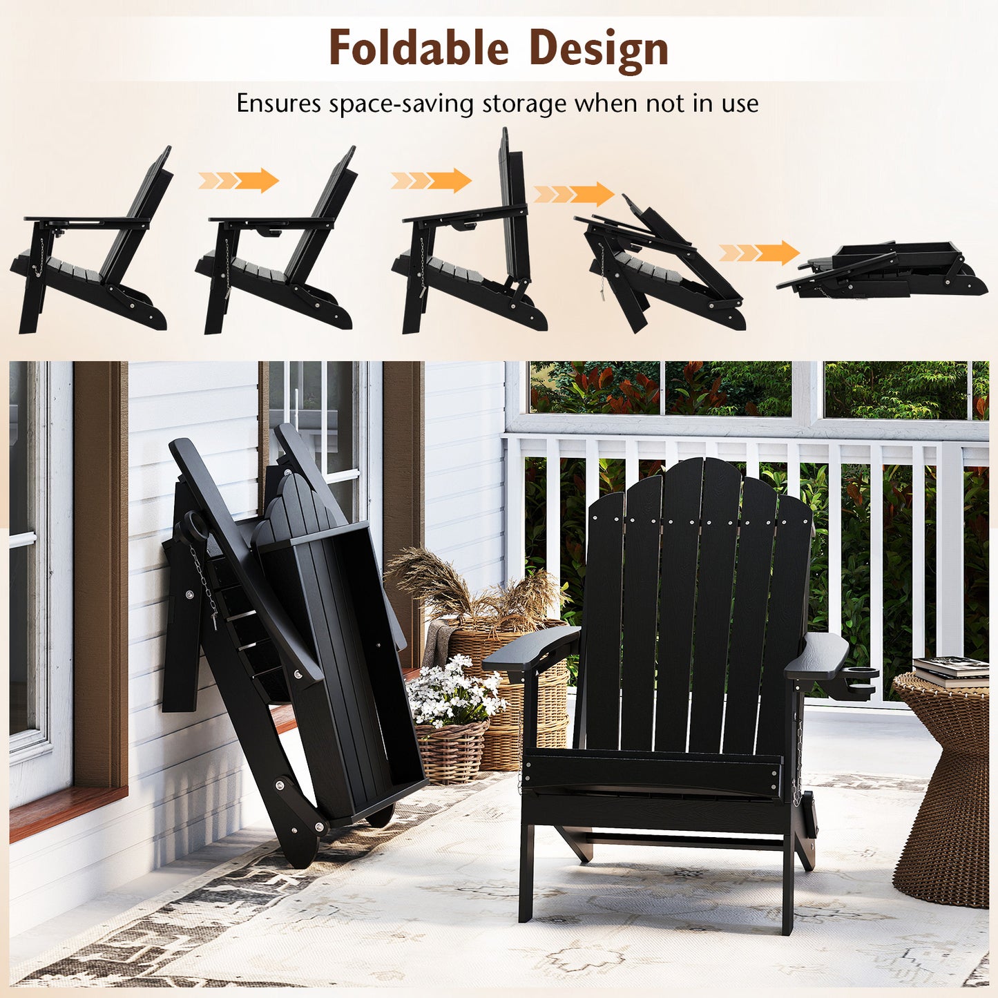 Folding Adirondack Chair Weather Resistant HDPE with High Backrest-Black