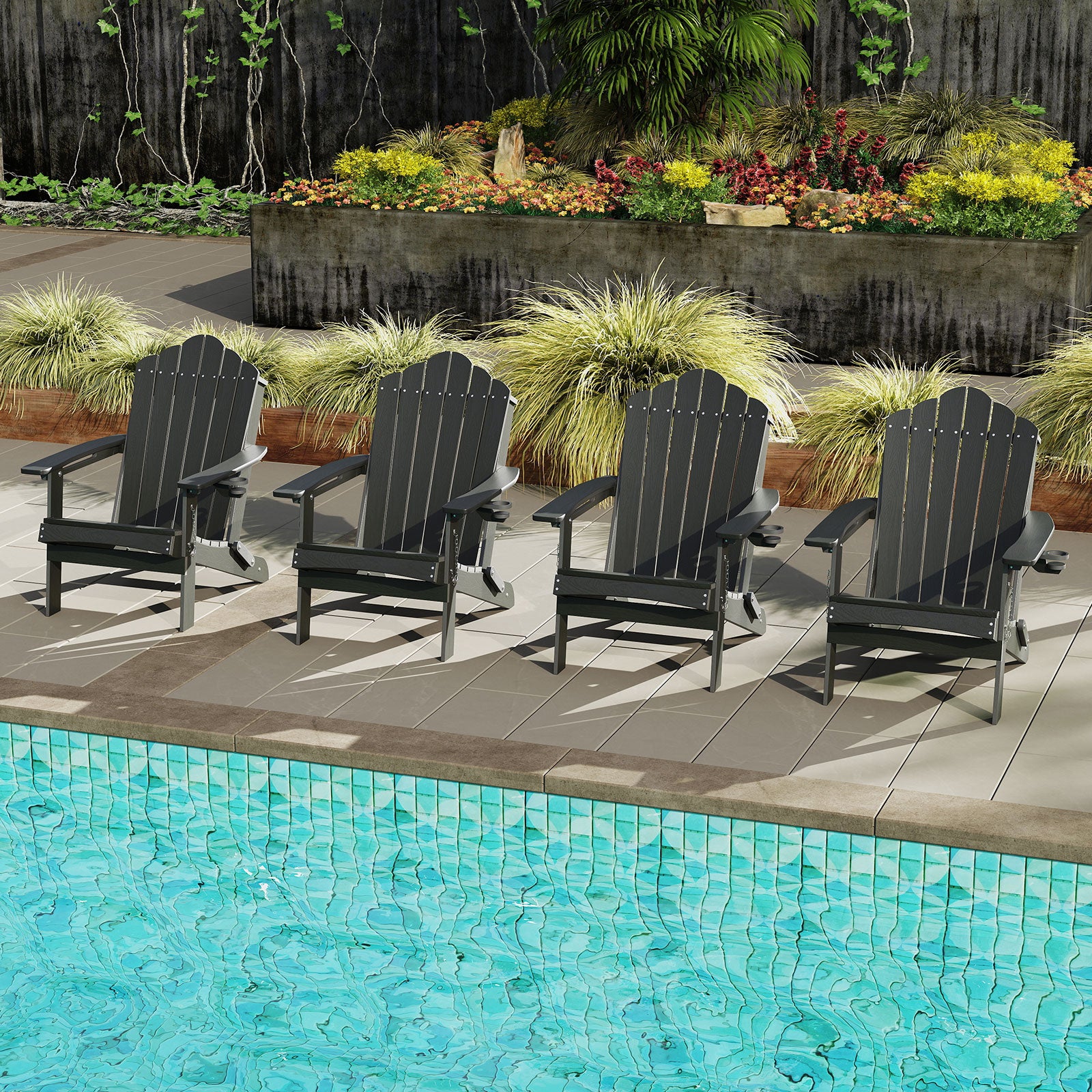 Folding Adirondack Chair Weather Resistant HDPE with High Backrest-Grey