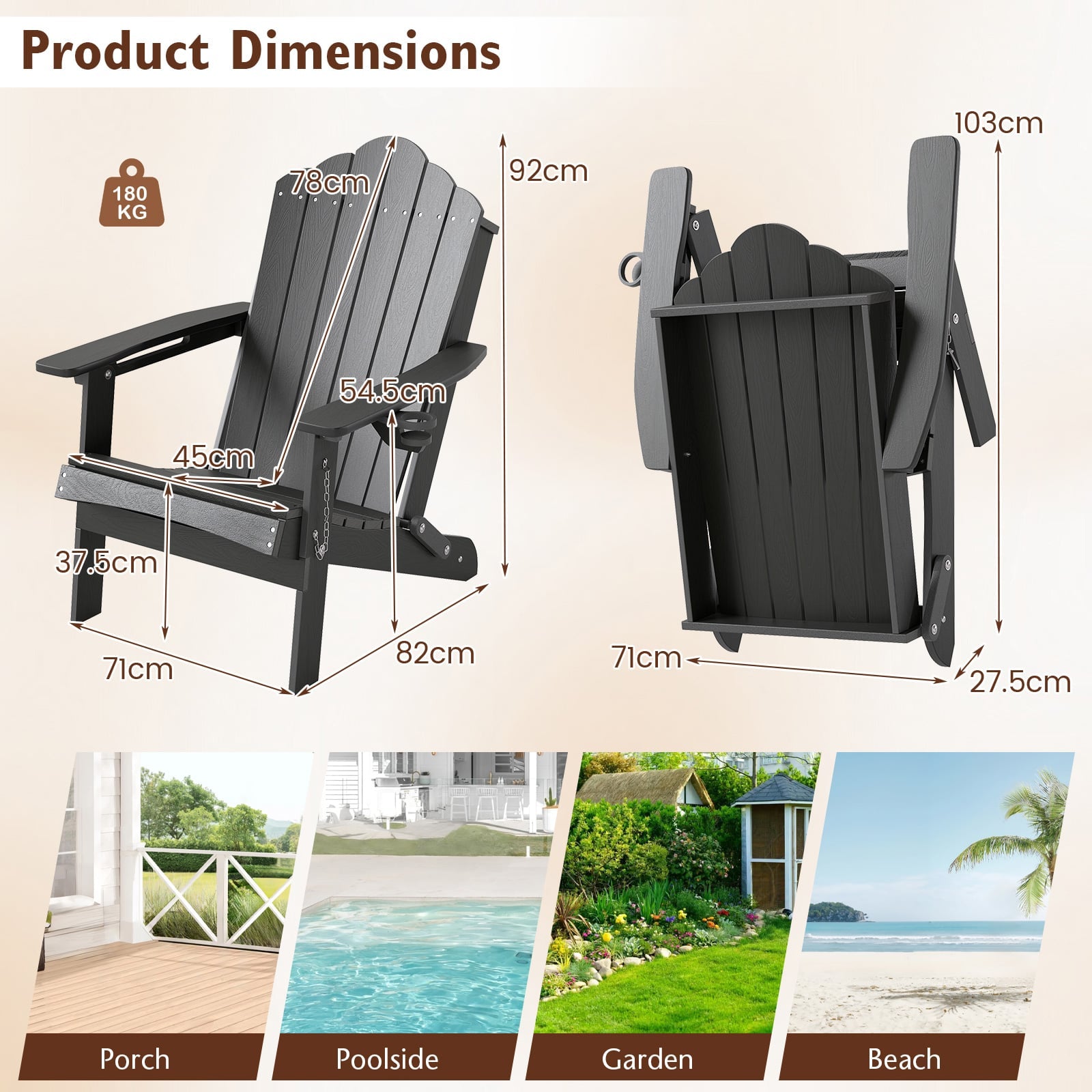 Folding Adirondack Chair Weather Resistant HDPE with High Backrest-Grey