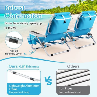 Folding Backpack Beach Chair Set of 2 with 5-Position Backrest for Adults-Blue