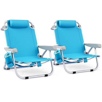 Folding Backpack Beach Chair Set of 2 with 5-Position Backrest for Adults-Blue