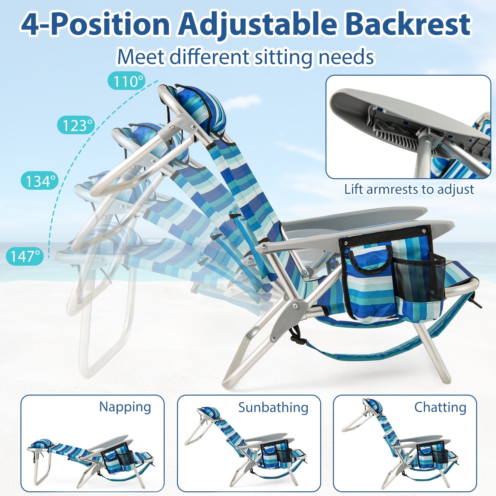 Folding Beach Chair for Adults Lightweight Aluminum Frame with 4-Position Backrest-2 Pack