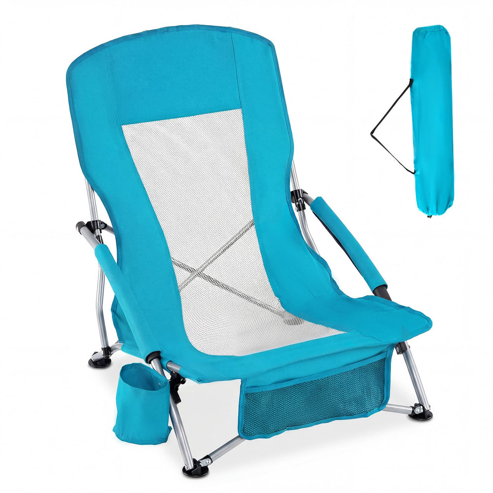 Folding Beach Chair with Padded Armrests and Storage Pocket-Blue