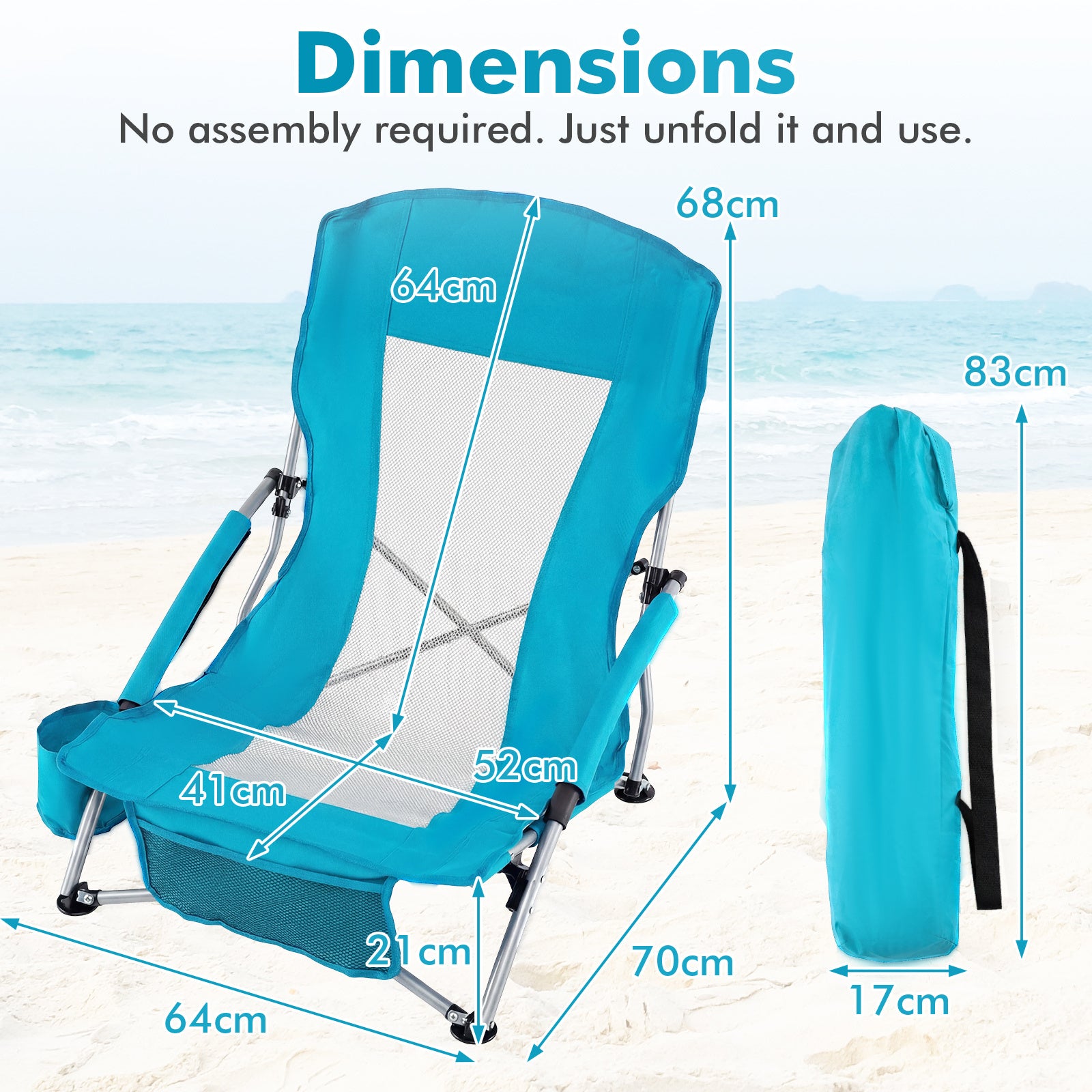 Folding Beach Chair with Padded Armrests and Storage Pocket-Blue