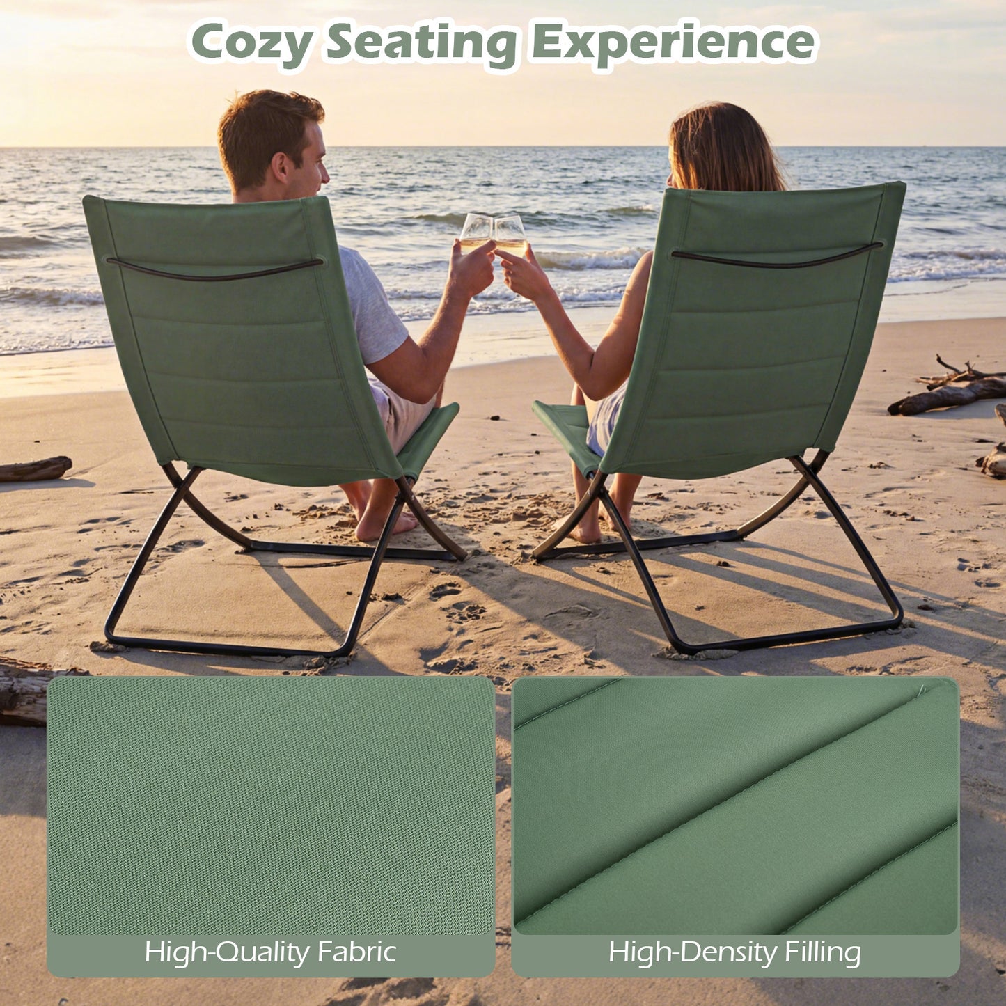 Folding Beach Chairs Set of 2 with Padded Backs and Seats for Adults-Green