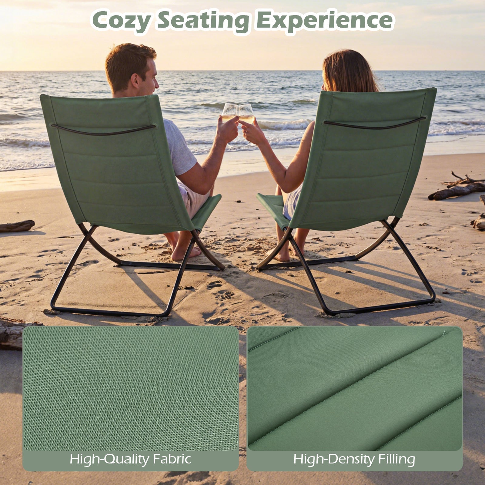 Folding Beach Chairs Set of 2 with Padded Backs and Seats for Adults-Green