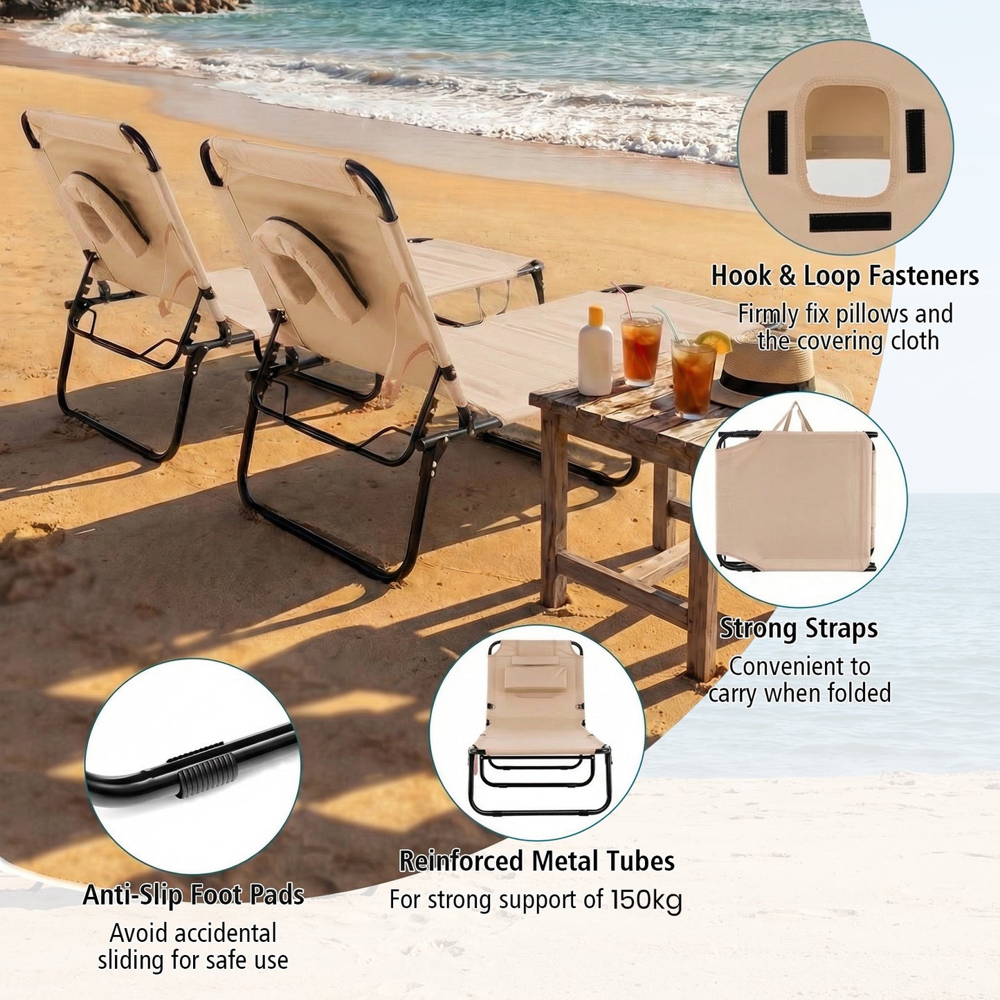 Folding Beach Sun Lounger Adjustable Face Down Tanning Chair with Face Hole and Removable Pillows-Beige