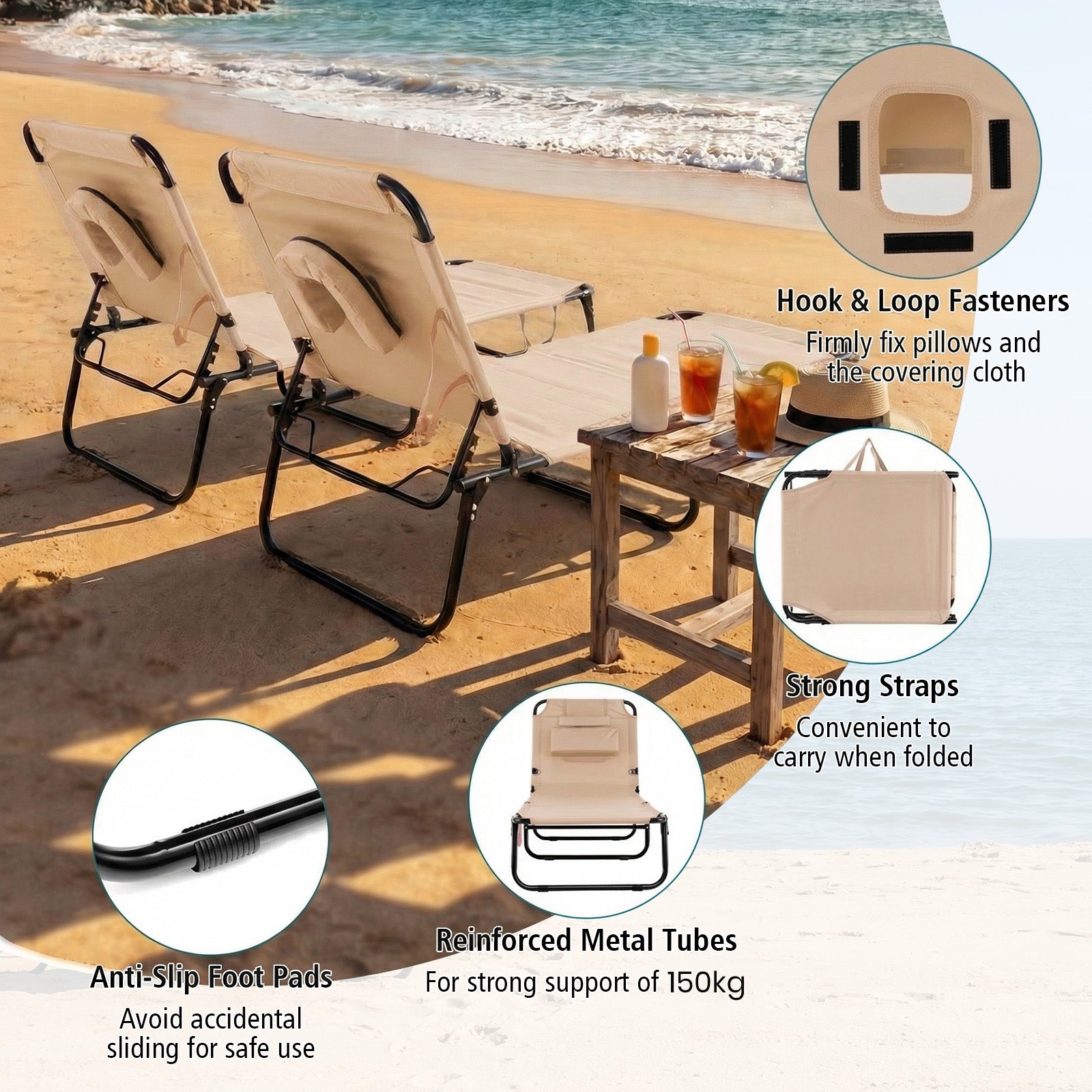 Folding Beach Sun Lounger Adjustable Face Down Tanning Chair with Face Hole and Removable Pillows-Beige