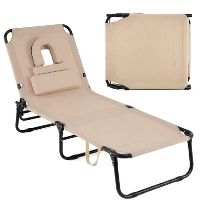 Folding Beach Sun Lounger Adjustable Face Down Tanning Chair with Face Hole and Removable Pillows-Beige