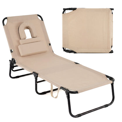 Folding Beach Sun Lounger Adjustable Face Down Tanning Chair with Face Hole and Removable Pillows-Beige